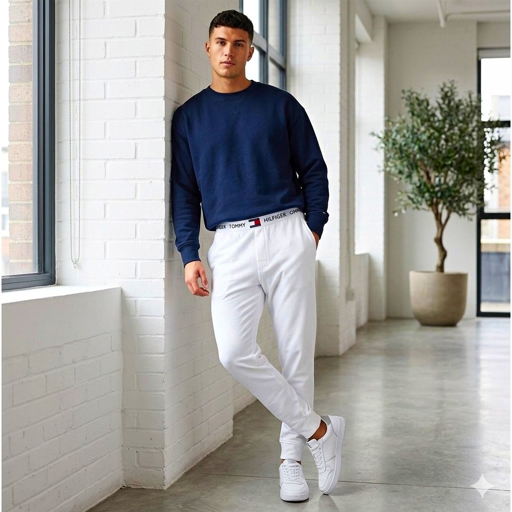 Tommy Hilfiger Men's Lounge Pants White Small Solid Logo Elastic Waist Pockets